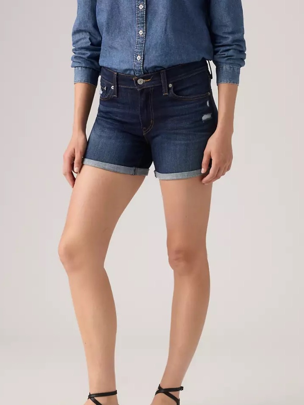 Levi’s Dark Wash Denim Roll-Cuff Distressed Women's Shorts, Five Pocket, Size 31